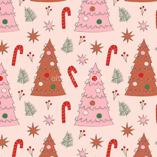 Seamless 3D PBR Texture with Christmas Trees and Candy Cane Pattern in Soft Pink