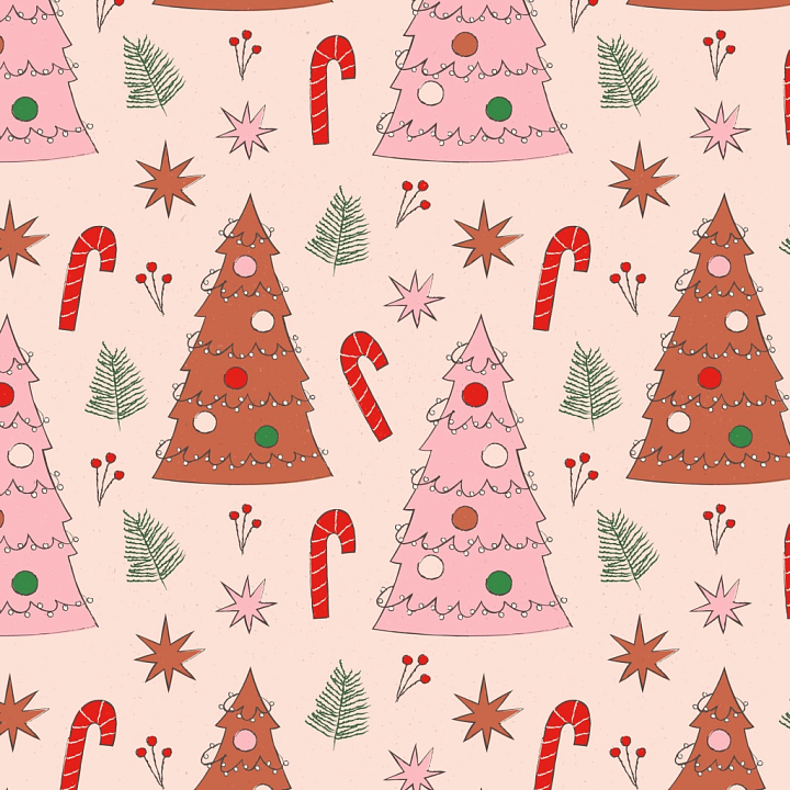 with Christmas Trees and Candy Cane Pattern in Soft Pink seamless PBR texture preview
