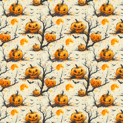 Preview — Seamless 3D PBR Texture with Vintage Halloween Jack-o'-Lanterns, Full Moon & Bare Trees