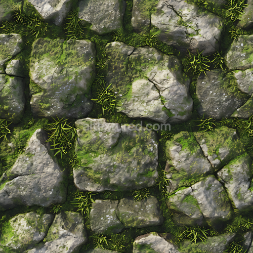 Seamless 3D Mossy Cobblestone Ground PBR Texture with Weathered Stones and Greenery