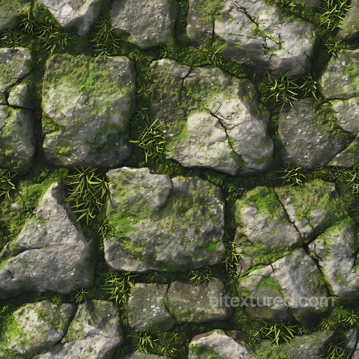Mossy Cobblestone Ground PBR Texture with Weathered Stones and Greenery seamless Stone PBR texture