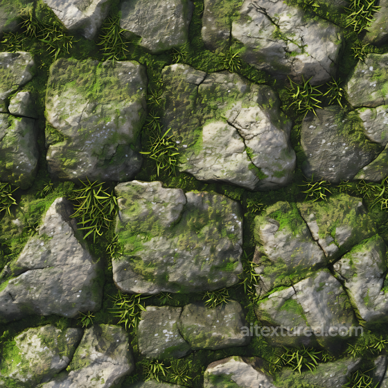 Mossy Cobblestone Ground PBR Texture with Weathered Stones and Greenery Stone texture preview