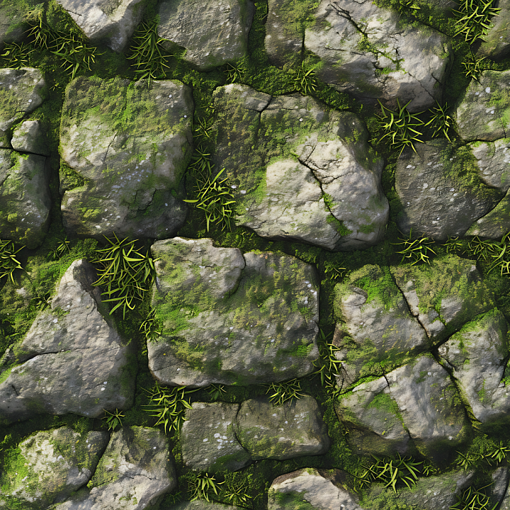 Mossy Cobblestone Ground with Weathered Stones and Greenery seamless PBR texture preview