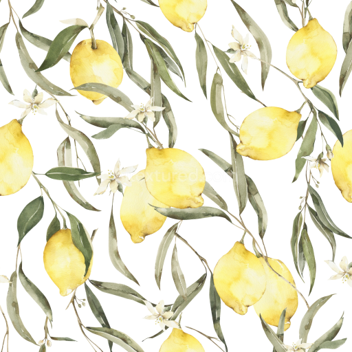 Seamless 3D PBR Texture Featuring Watercolor Lemons & Greenery Pattern