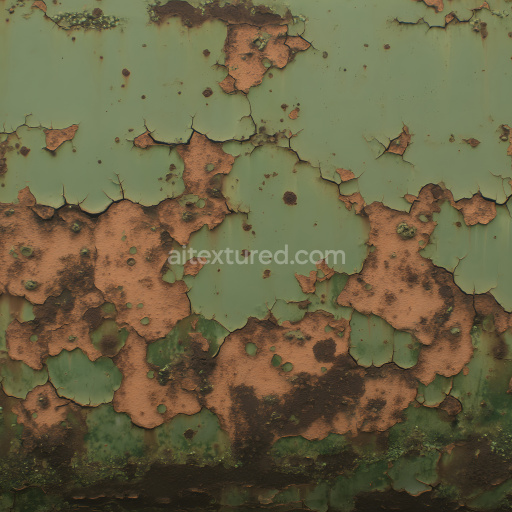 Seamless 3D PBR Rusted Metal Texture with Distinctive Green and Brown Peeling Paint