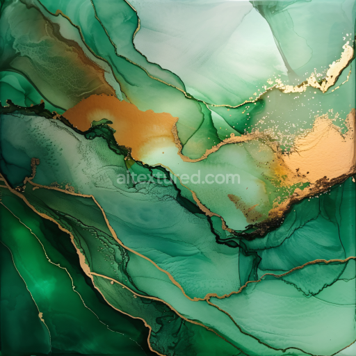 Seamless 3D Alcohol Ink PBR Texture Featuring Green Gradients and Gold Vein Swirls