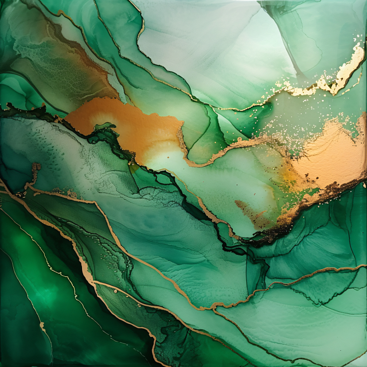 Alcohol Ink Featuring Green Gradients and Gold Vein Swirls seamless PBR texture preview