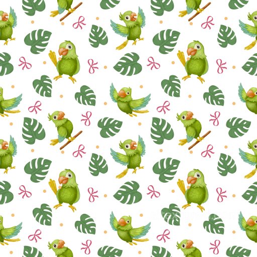 Pattern PBR Texture with Playful Cartoon Parrots and Tropical Leaves seamless Pattern Bundle PBR texture