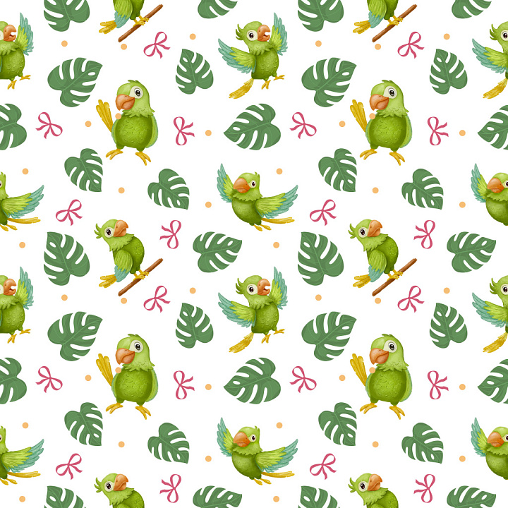 Pattern with Playful Cartoon Parrots and Tropical Leaves seamless PBR texture preview