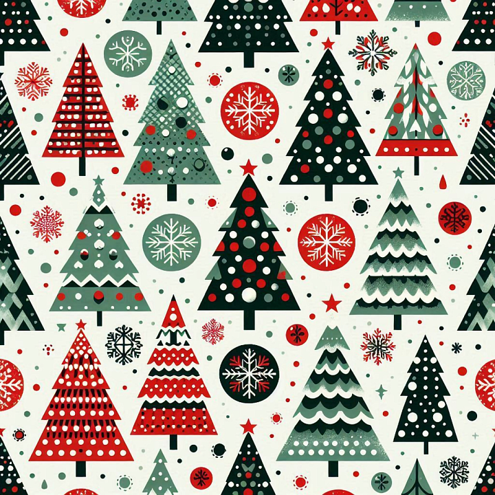 Christmas Digital Paper with Stylized Trees and Snowflakes seamless PBR texture preview