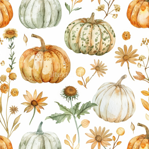 Seamless 3D PBR texture of watercolor pumpkins and autumn flowers
