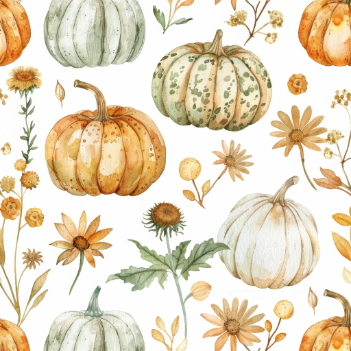 Of Watercolor Pumpkins And Autumn Flowers seamless Thanksgiving PBR texture