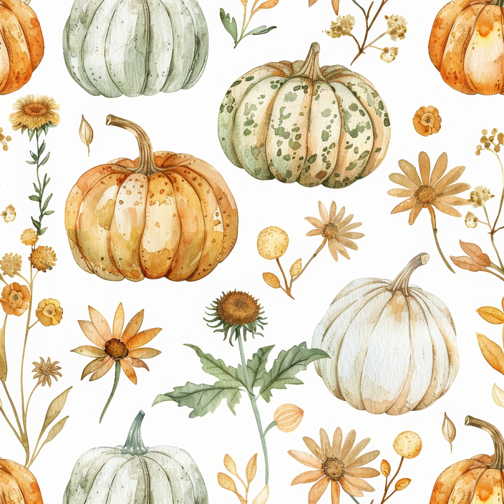 Of Watercolor Pumpkins And Autumn Flowers seamless PBR texture preview