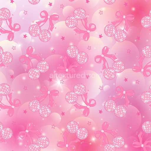 Seamless 3D PBR Pink Cherry Pattern Fabric Texture with Bows & Stars