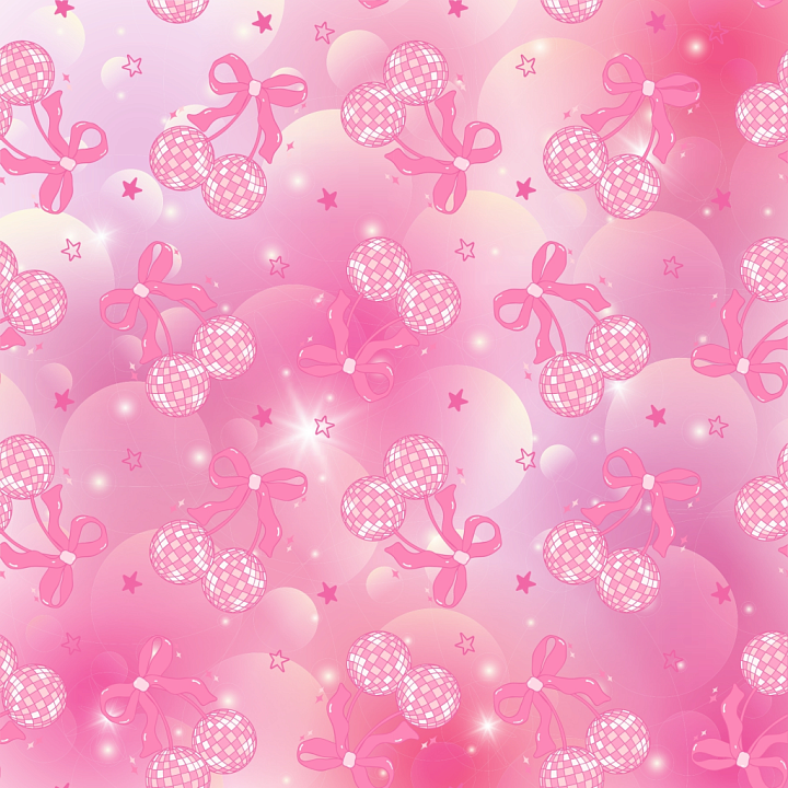 Pink Cherry Pattern Fabric with Bows & Stars seamless PBR texture preview