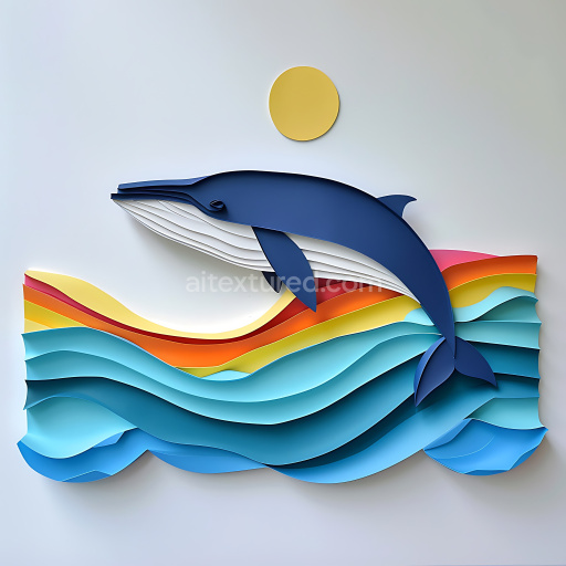 Seamless 3D PBR Texture Featuring Blue Whale Origami and Layered Colorful Waves