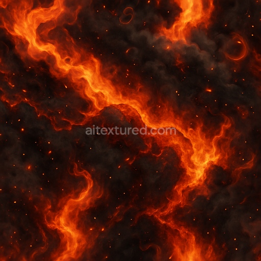 Seamless 8k PBR 3d texture showing firestorm fury with molten lava and flame sparks