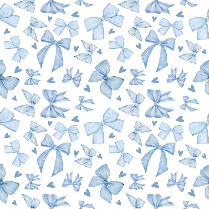 Pattern Featuring Soft Blue Watercolor Bows and Hearts seamless PBR texture preview
