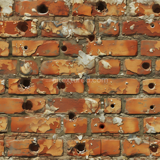 Seamless 3D PBR Cracked and Holed Orange Brick Wall Texture with Peeling Paint and Rough Mortar