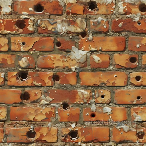 Cracked and Holed Orange Brick Wall Texture with Peeling Paint and Rough Mortar seamless Cracked & Holes PBR texture