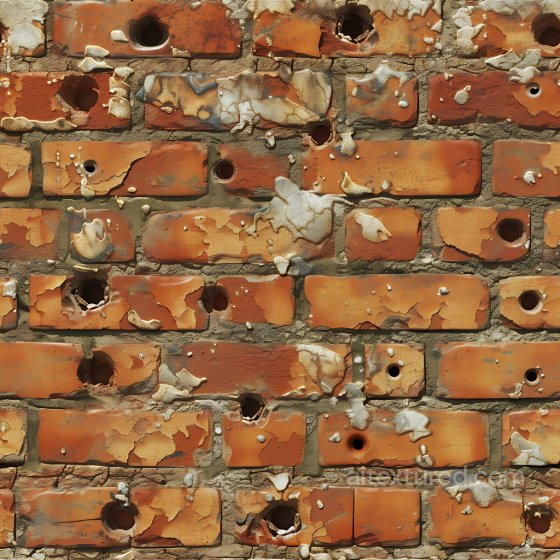 Cracked and Holed Orange Brick Wall Texture with Peeling Paint and Rough Mortar Cracked & Holes texture preview