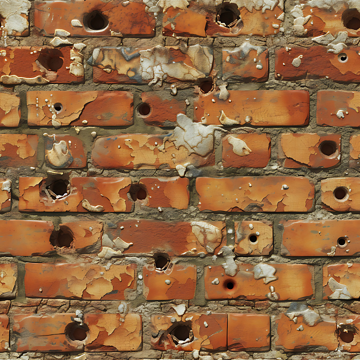 Cracked and Holed Orange Brick Wall with Peeling Paint and Rough Mortar seamless PBR texture preview