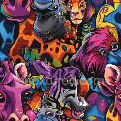 seamless Seamless 3D PBR texture of vibrant graffiti mural featuring stylized wild animals texture 8k free download PBR