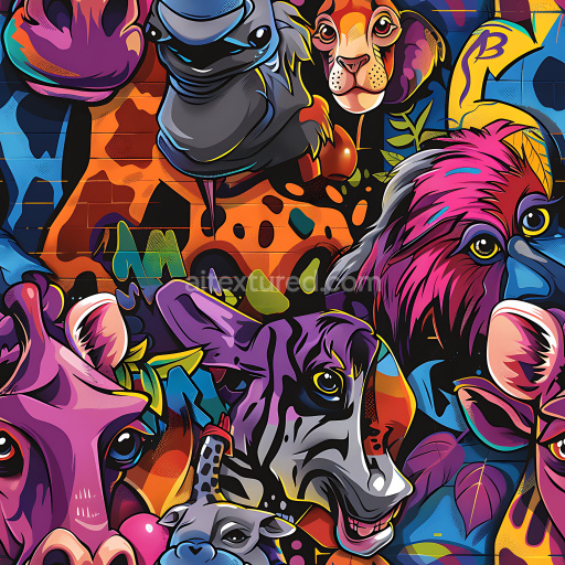 Seamless 3D PBR texture of vibrant graffiti mural featuring stylized wild animals