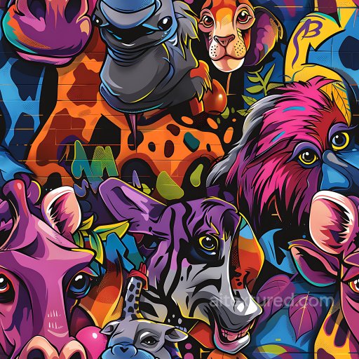 Seamless 3D PBR texture of vibrant graffiti mural featuring stylized wild animals texture preview
