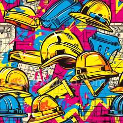 seamless Seamless 3D PBR Graffiti Texture Featuring Vibrant Hard Hats and Blueprint Motifs texture 8k free download PBR