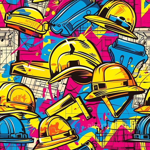 Seamless 3D PBR Graffiti Texture Featuring Vibrant Hard Hats and Blueprint Motifs texture preview