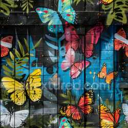 seamless Seamless 3D PBR Texture Featuring Colorful Butterfly Graffiti on Tiled Wood Panels texture 8k free download PBR
