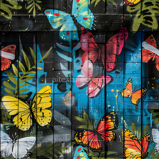 Seamless 3D PBR Texture Featuring Colorful Butterfly Graffiti on Tiled Wood Panels