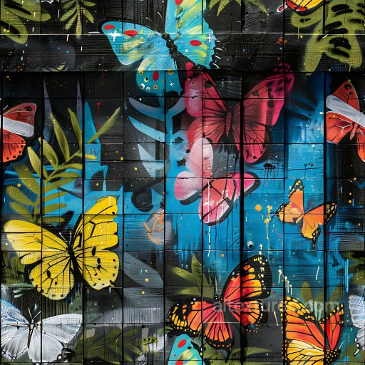 Seamless 3D PBR Texture Featuring Colorful Butterfly Graffiti on Tiled Wood Panels texture preview