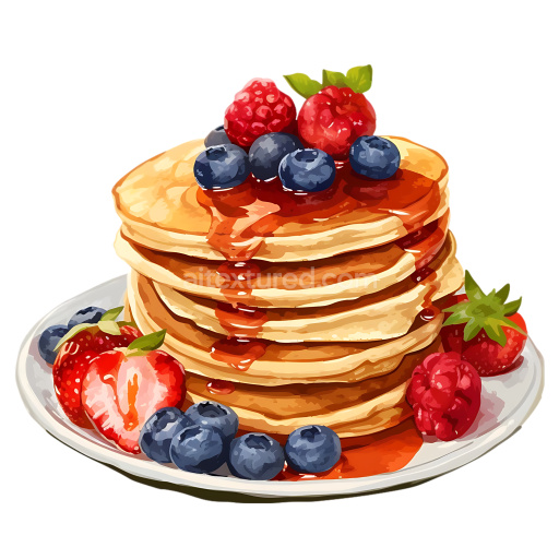 Illustrated Protein Pancakes Stack with Fresh Berries and Syrup for Breakfast