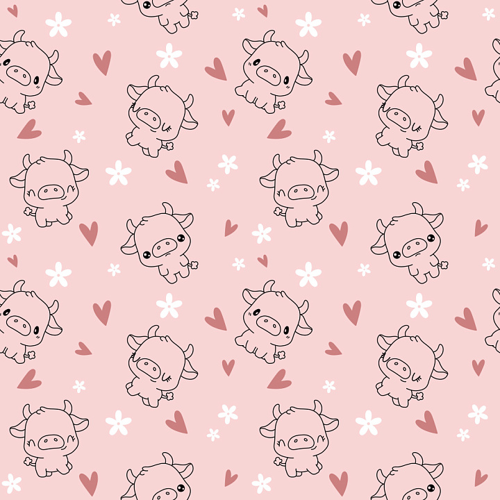 Pattern with Cute Cartoon Cow Motifs and Heart Floral Icons seamless PBR texture preview
