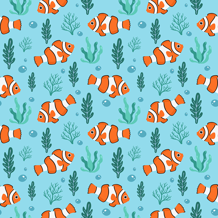 Pattern Featuring Playful Clownfish and Seaweed Motifs on Blue Backgrou… seamless PBR texture preview