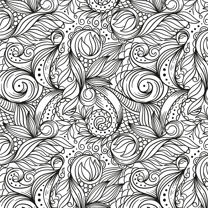 with Intricate Black and White Floral Line Art Pattern seamless PBR texture preview