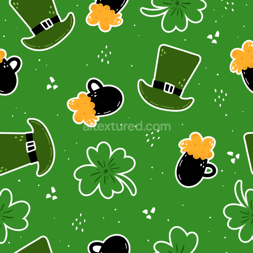 Seamless 3D PBR Texture with St Patrick’s Green Background, Shamrocks, Leprechaun Hats and Beer Mugs Pattern