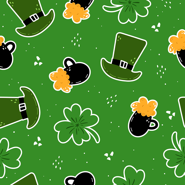with St Patrick’s Green Background, Shamrocks, Leprechaun Hats and Beer… seamless PBR texture preview