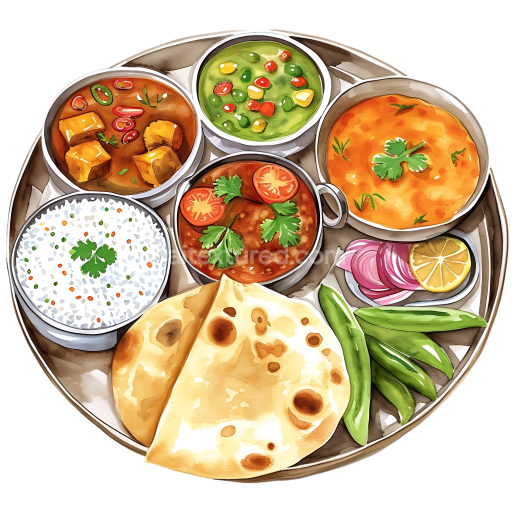 Preview — Indian Breakfast Platter Illustration Featuring Roti, Curries, and Sides