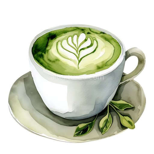 Watercolor Matcha Latte Breakfast Graphic with Latte Art and Green Tea Leaves