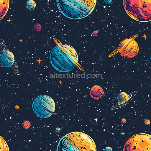 Seamless 3D Stylized Space PBR Texture Featuring Colorful Planets and Starfield