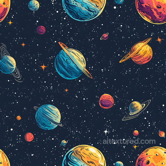 Stylized Space PBR Texture Featuring Colorful Planets and Starfield Star, space, planets texture preview