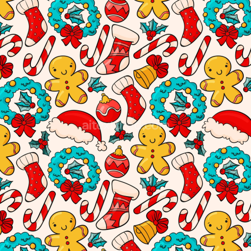 Seamless 3D PBR Texture with Colorful Christmas Icons on Cream Background