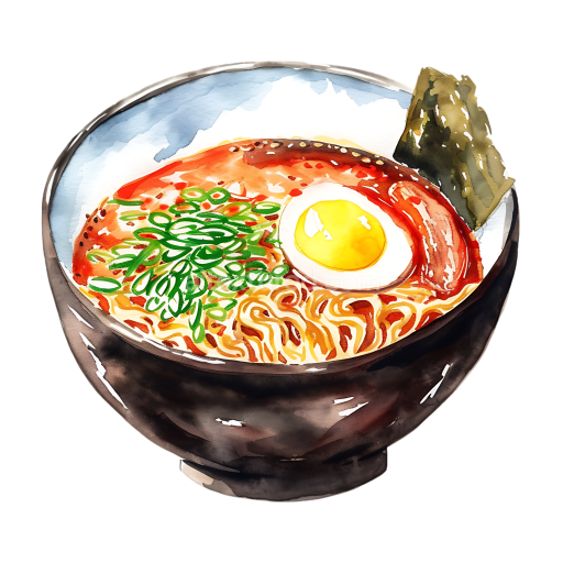 Watercolor Ramen Noodles Breakfast Bowl with Egg and Greens Illustration