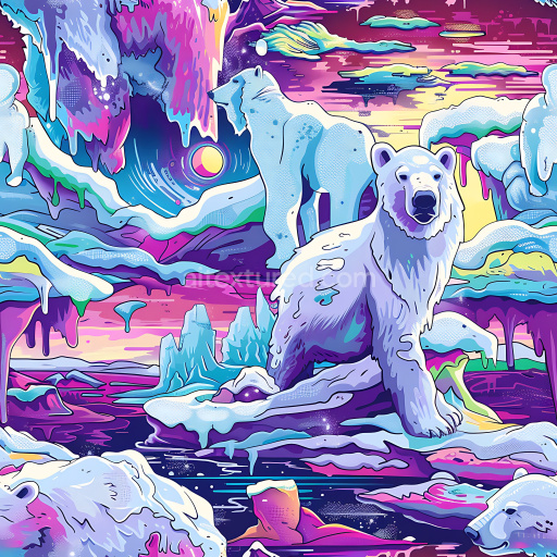 Seamless 3D PBR Graffiti Texture Featuring Vibrant Arctic Bear Mural in Neon Style