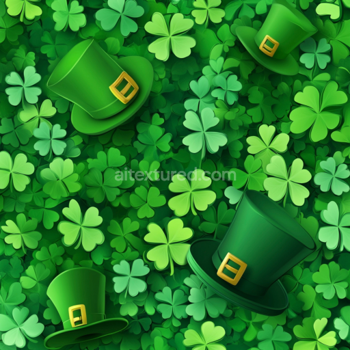 Seamless 3D PBR texture featuring green shamrocks and leprechaun hats