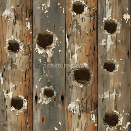 Seamless 3D Weathered Wood PBR Texture Featuring Large Holes and Peeling Paint
