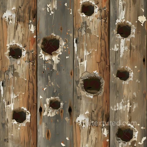 Weathered Wood PBR Texture Featuring Large Holes and Peeling Paint seamless Cracked & Holes PBR texture